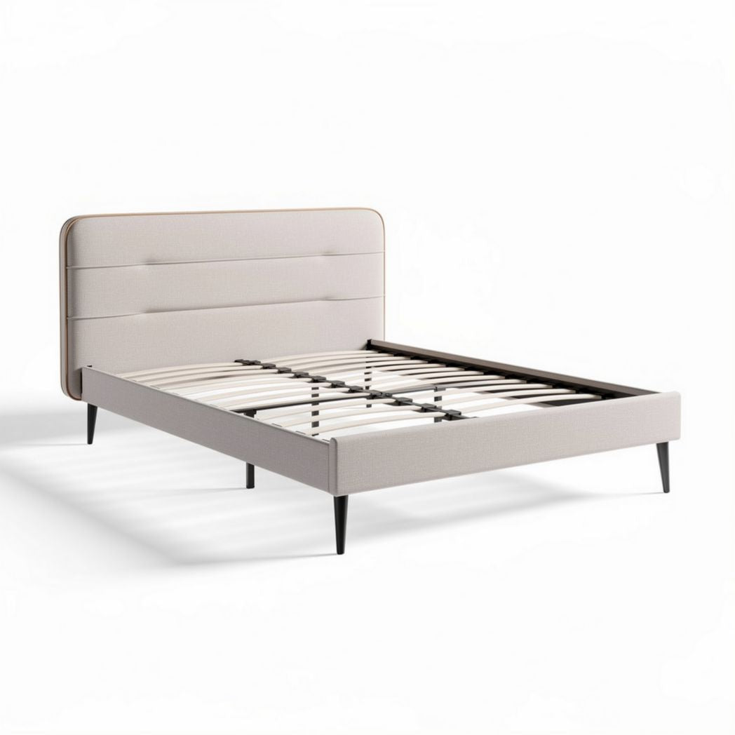 Fabric upholstered bed frame with wooden slats and tapered legs 200 x 160 x 100cm
