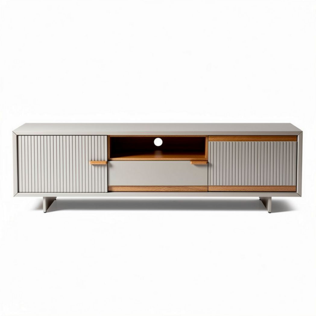 Modern wooden media console with storage cabinets and open shelves 150 x 40 x 50cm