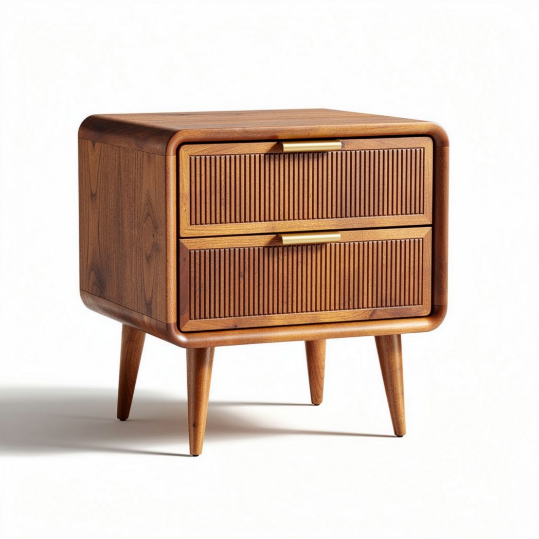 Wooden bedside table with two drawers and ribbed design 45 x 40 x 50cm