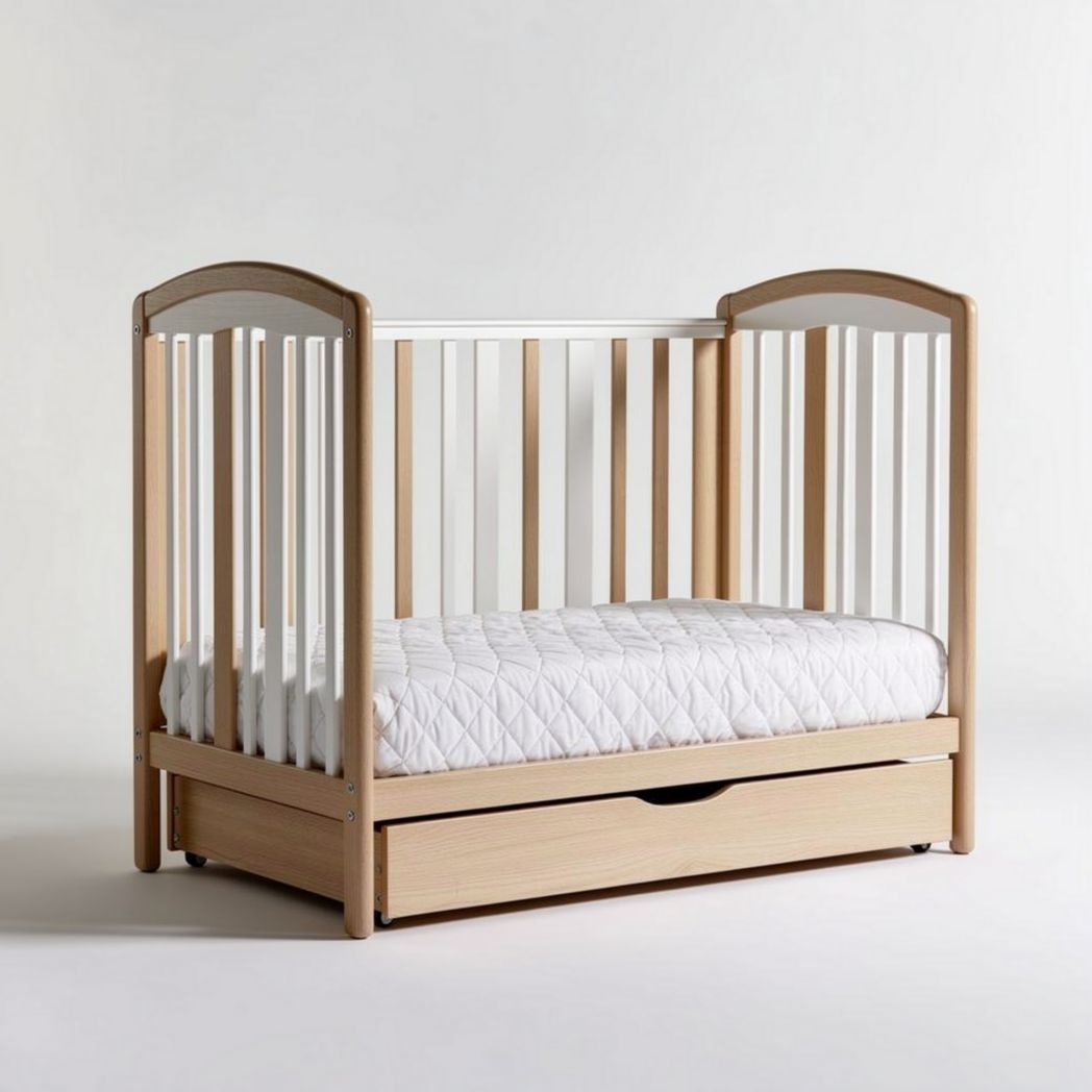Wooden convertible crib with storage drawer and mattress included 132 x 76 x 97cm