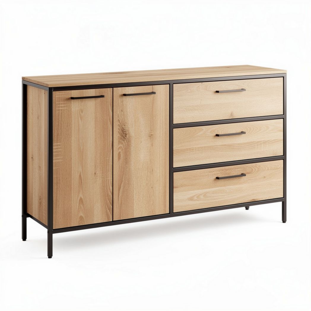 Wooden sideboard with metal frame two doors and three drawers 150 x 40 x 85cm