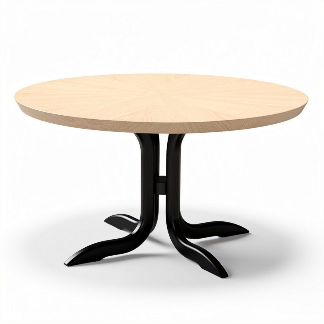 Round wooden dining table with black metal base 75 x 75 x 75cm