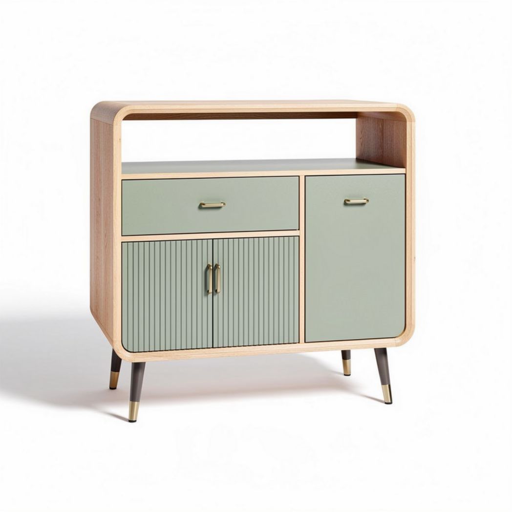 Wooden storage console with green doors and open shelf 80 x 40 x 75cm