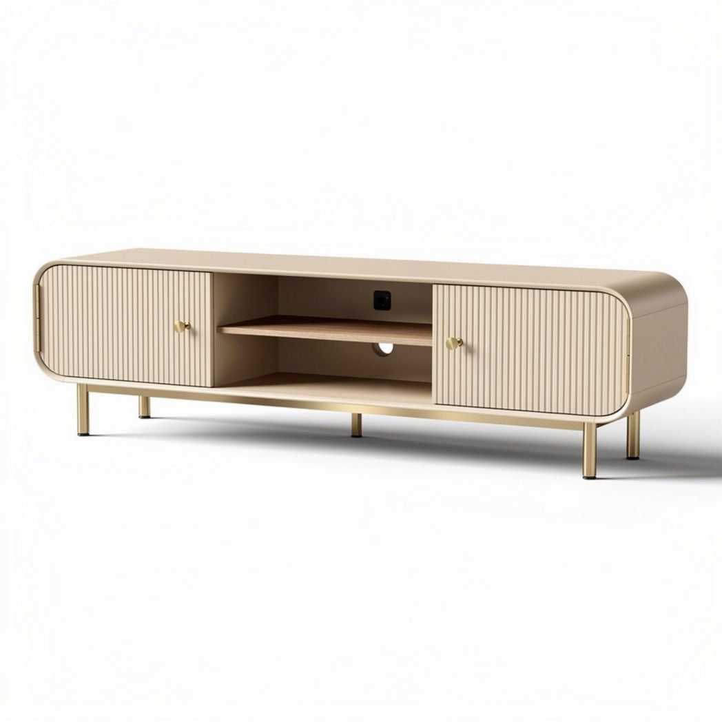 Wooden TV stand with storage cabinets and adjustable shelves in light beige 150 x 40 x 50cm