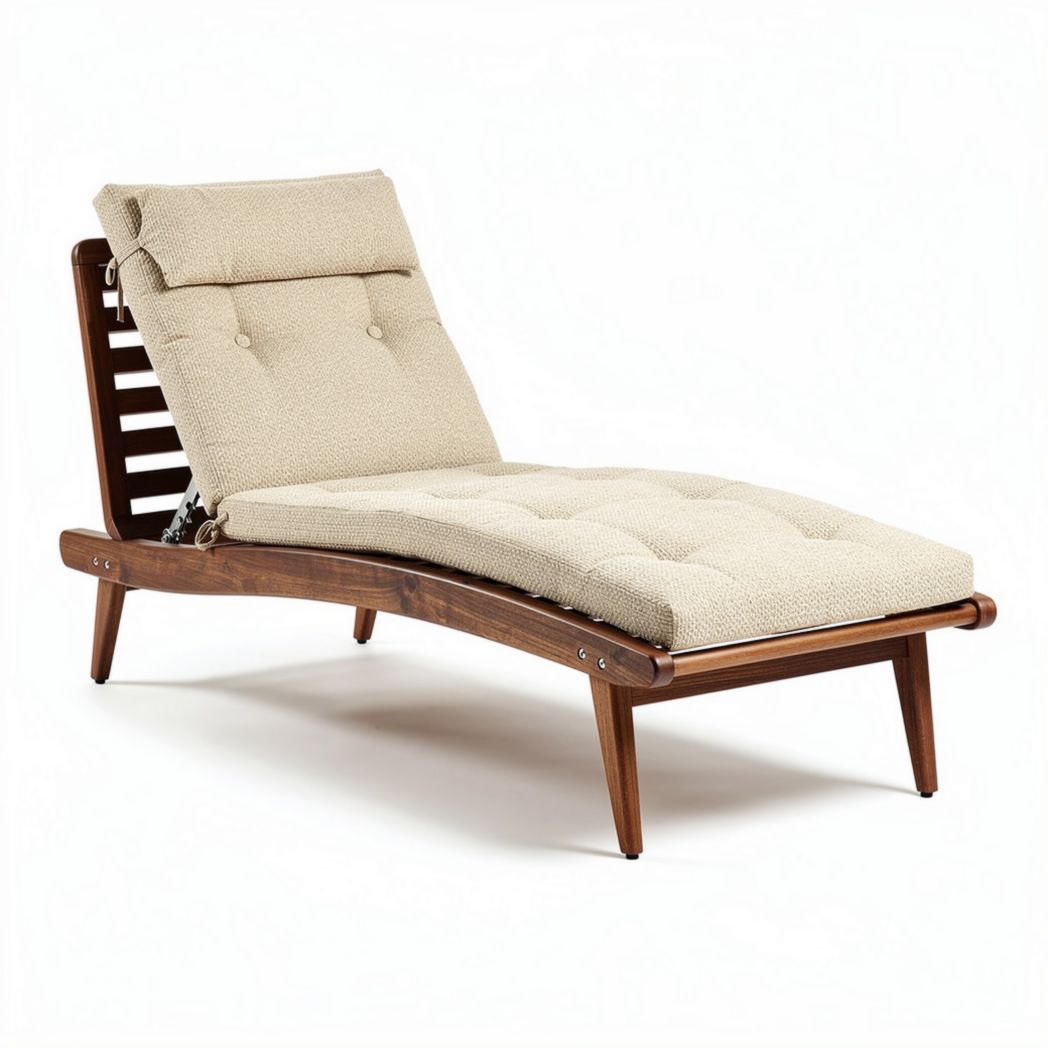 Wooden lounge chair with beige fabric cushion for indoor and outdoor use