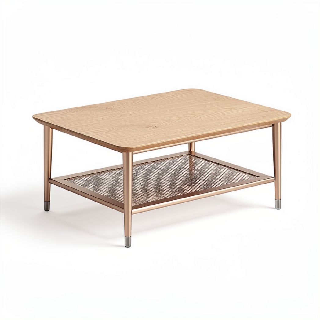 Wooden coffee table with metal legs and mesh lower shelf 120 x 60 x 45cm