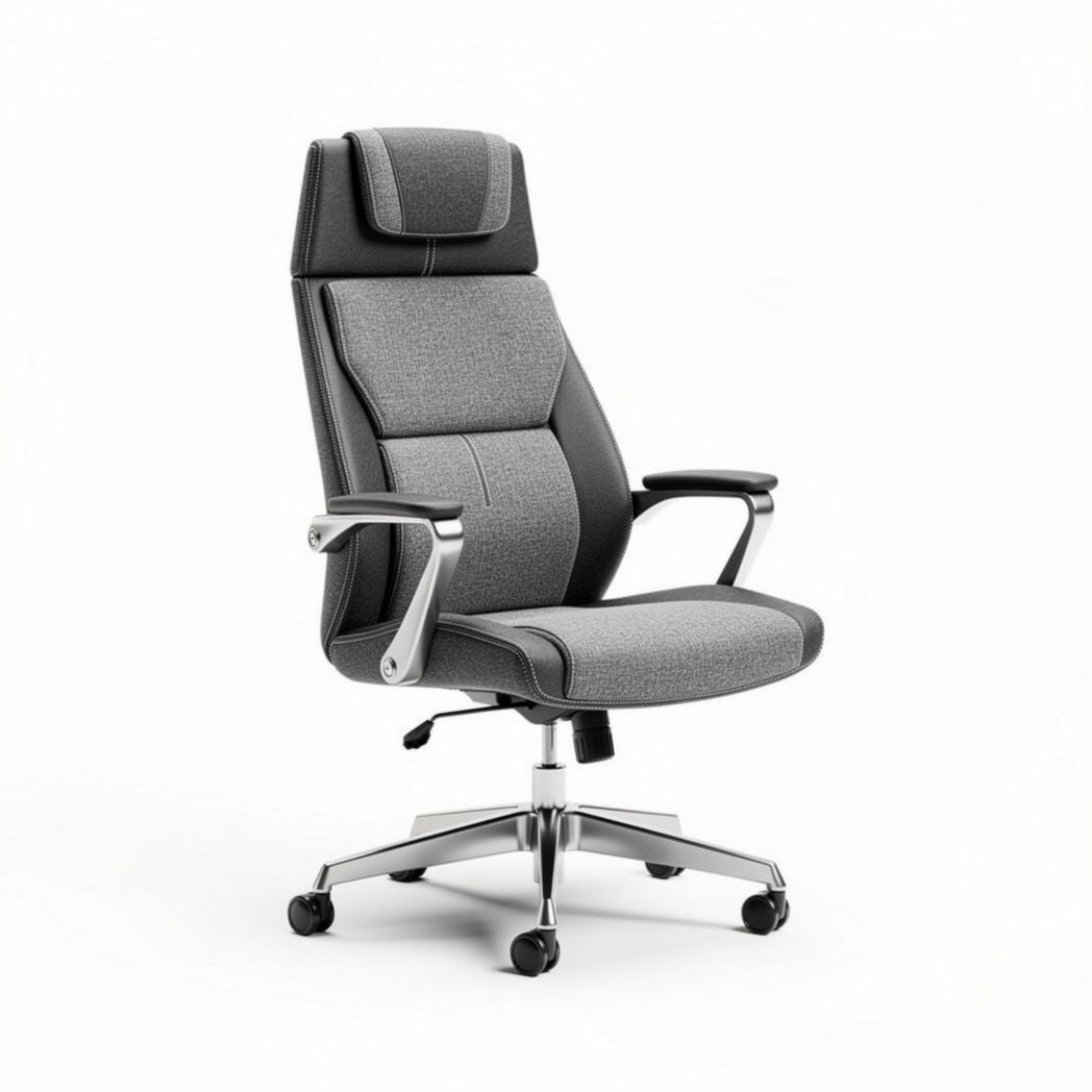 Ergonomic office chair with adjustable headrest and lumbar support in gray fabric