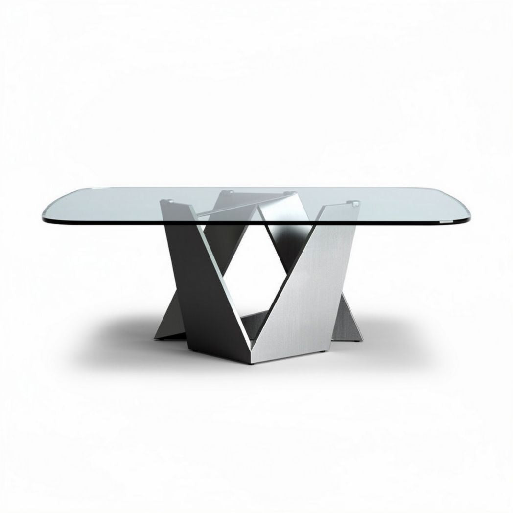 Glass dining table with geometric stainless steel base 180 x 90 x 75cm